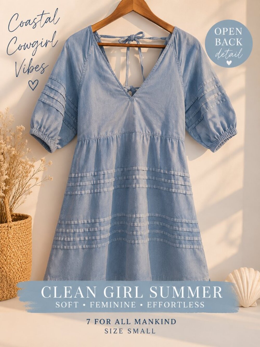 7 For All Mankind Coastal Blue Open Back Mini Dress Puff Sleeve Cotton S
